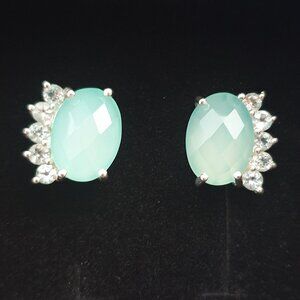 Gorgeous Vintage Light Green Chrysoprase & White Topaz 925 Silver Stud Earrings
